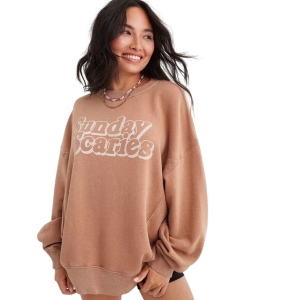 Aerie‎ Sunday Scaries Graphic Sweatshirt Tan Oversized Pullover Small S/P